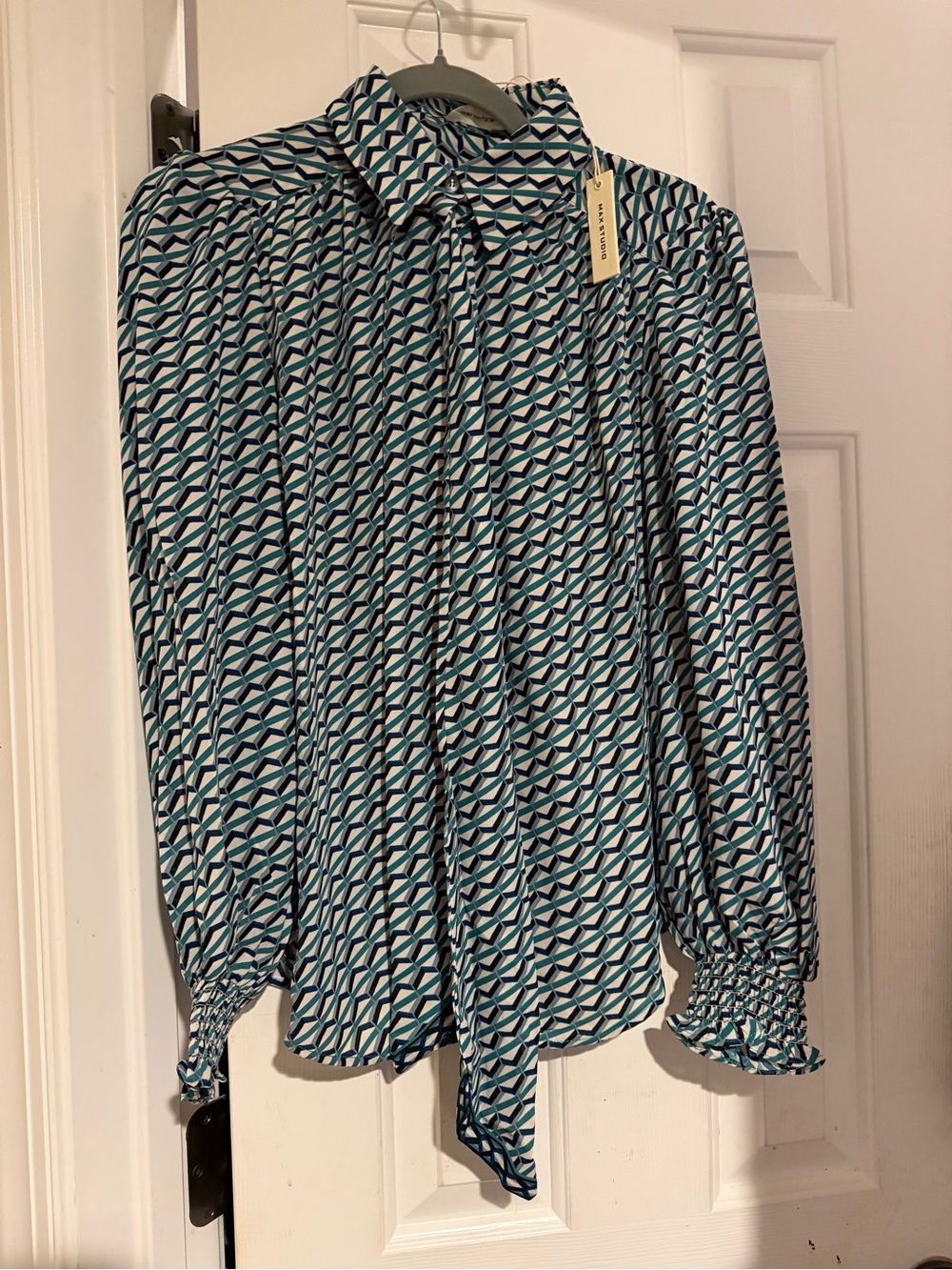 Max Studio Teal, Navy and White Geometric Tie-Neck Blouse